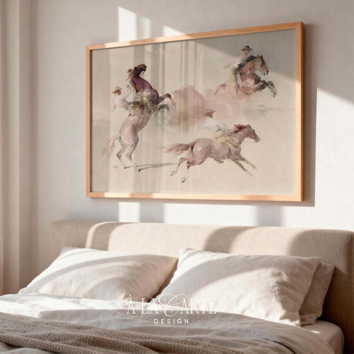 Galloping cowboys on horses printable art for bedroom — watercolor painting in soft pink and dusty tones