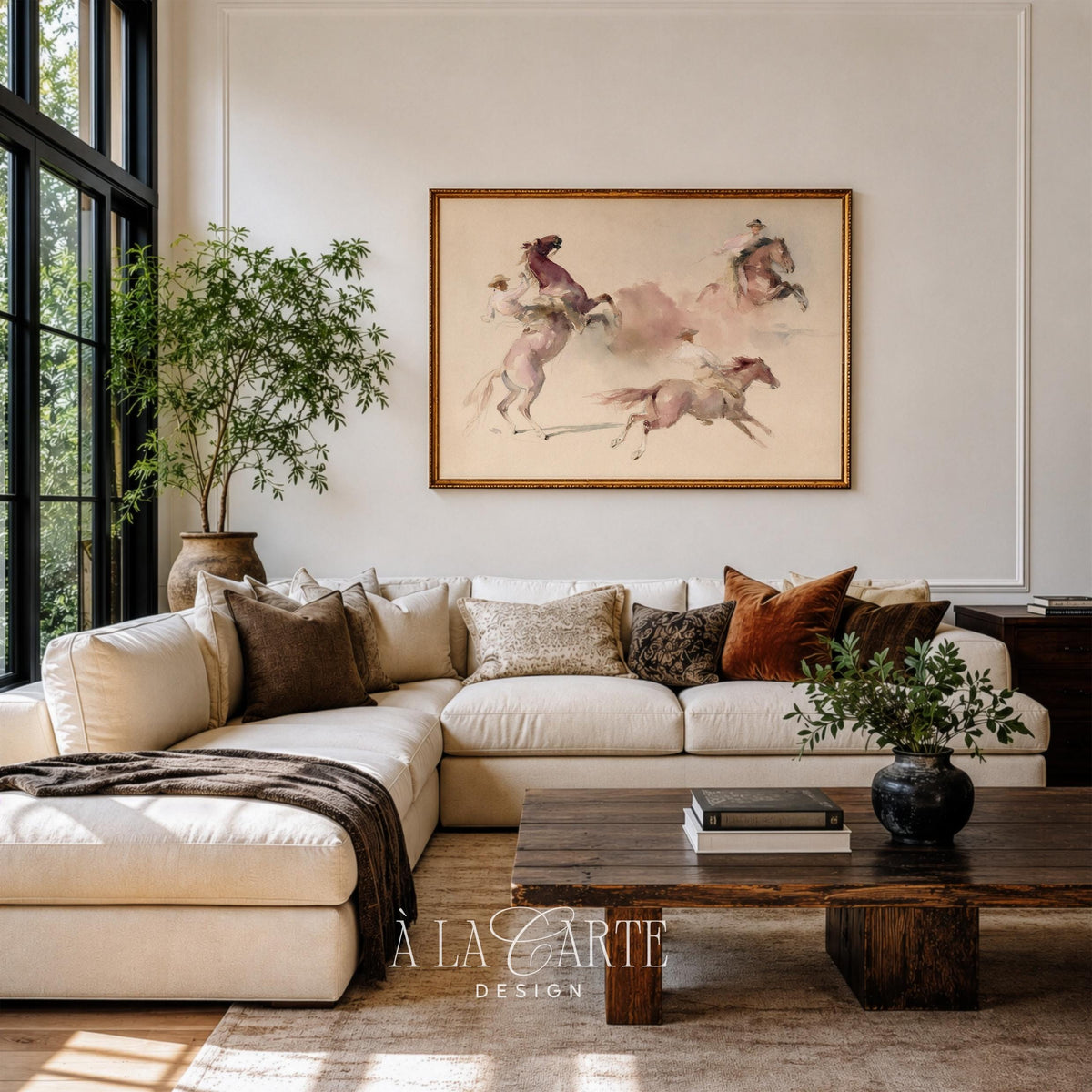 Western riders in motion digital print for living room — vintage-inspired artwork with faded blush hues