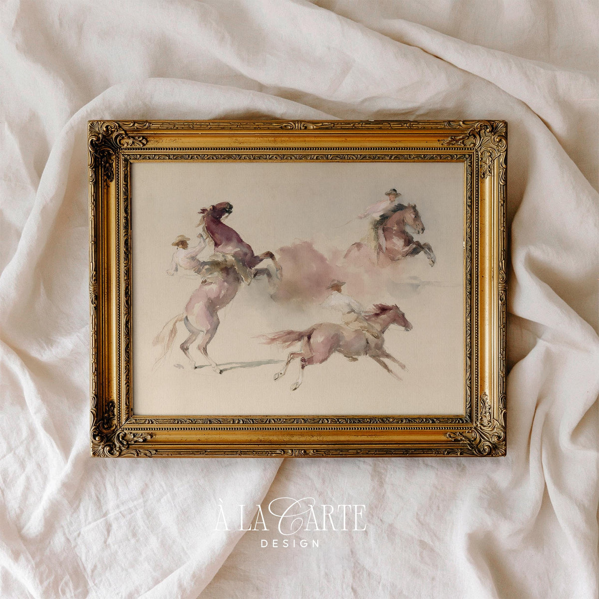 Dynamic cowboy and horse painting for western bedroom — vintage aesthetic with blush dust effects