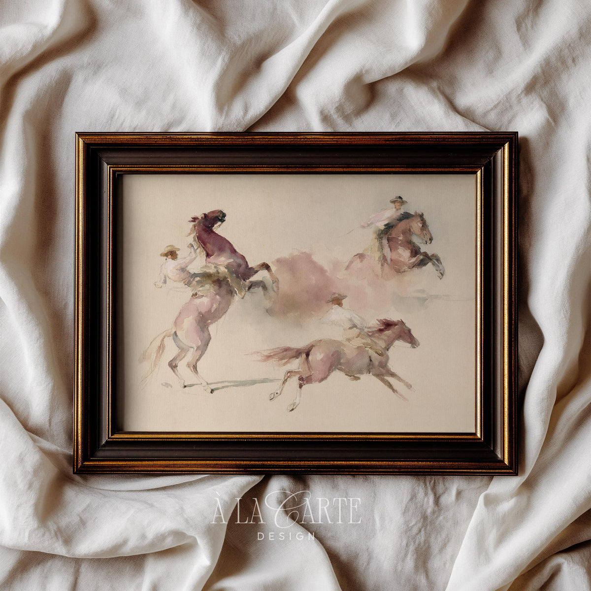 Mounted cowboys in motion printable wall picture for living space — faded vintage western with brushed details