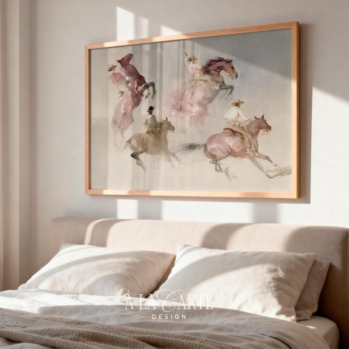 Vintage western horses digital download — minimalist pastoral scene in pale tones with romantic, aged quality