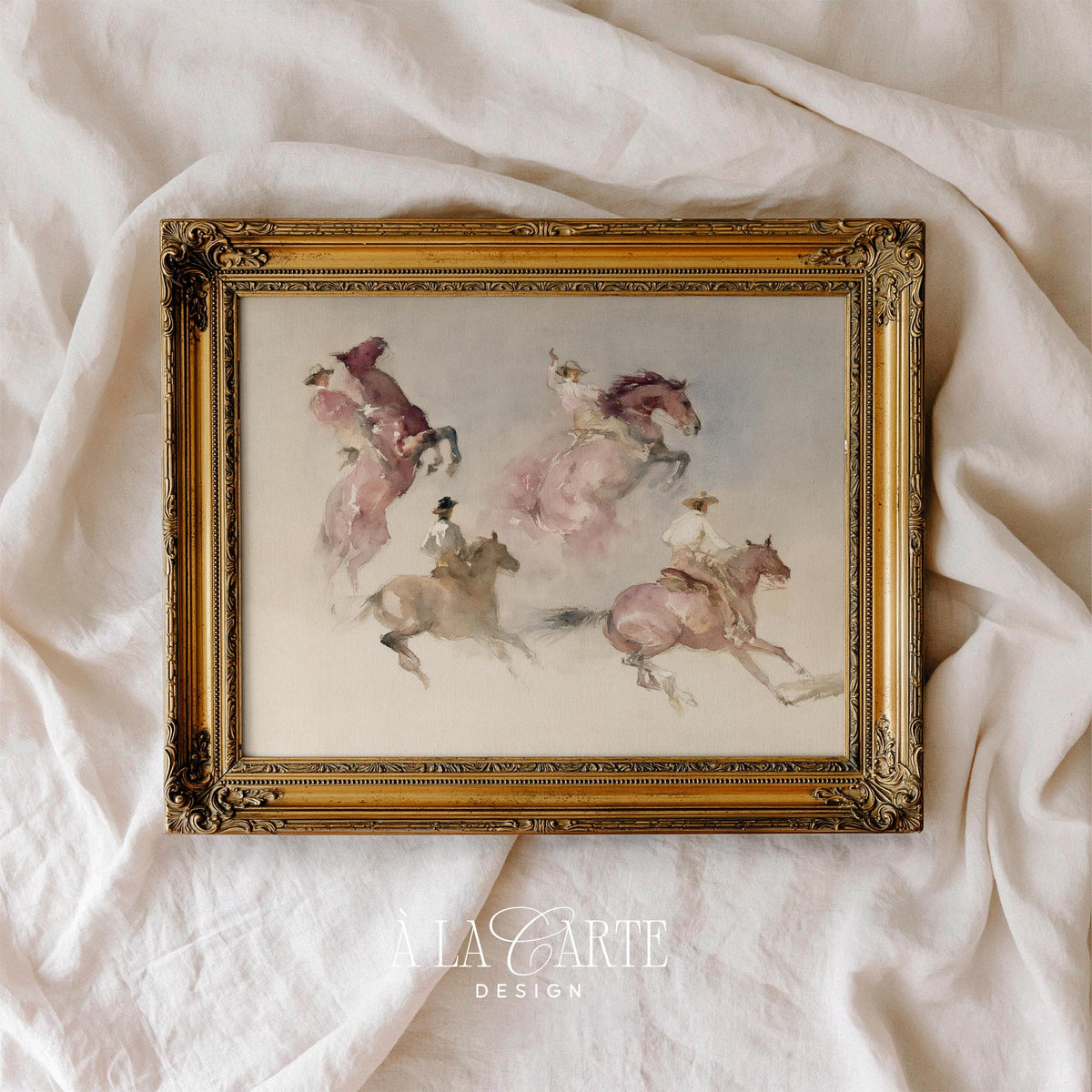 Farmhouse western poster for entryway — minimalist cowboy riders in muted tones with antique watercolor feel