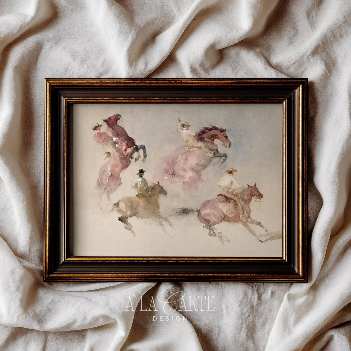 Dynamic cowboy riders painting printable art — soft watercolor with flowing brushwork and muted rustic tones