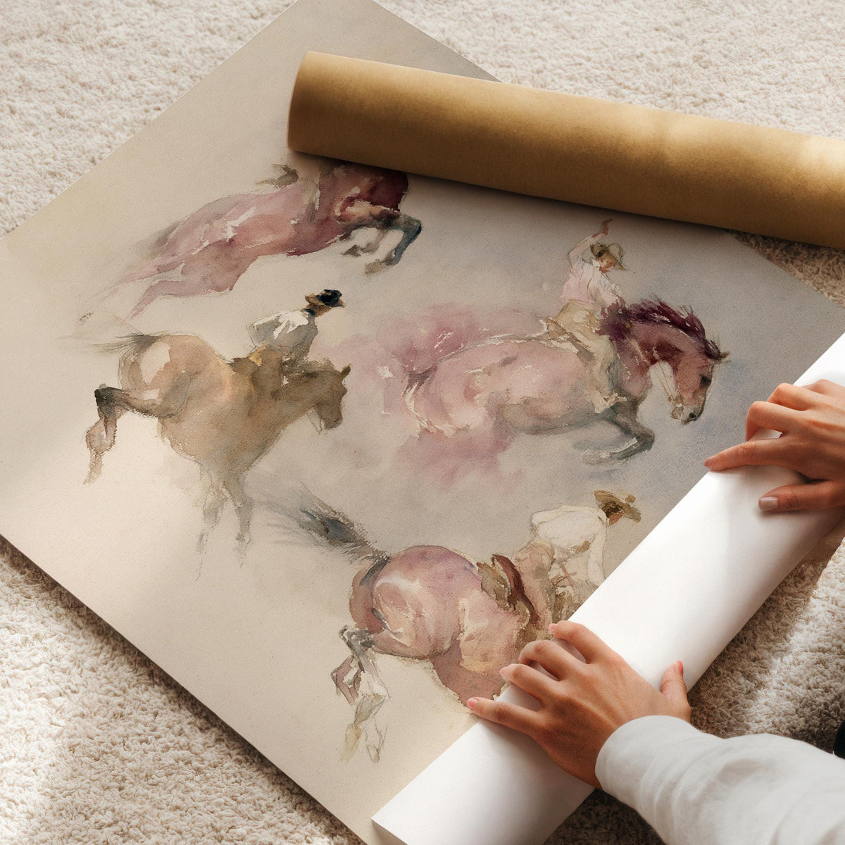 Pastoral cowboy scene poster for girl's bedroom — watercolor painting with delicate brushstrokes and whimsical vibe
