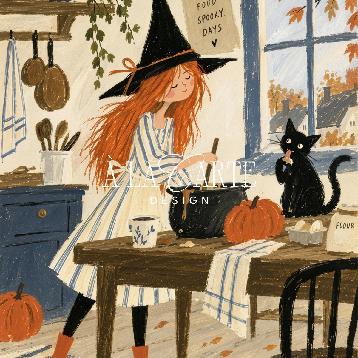 Halloween witch and familiar digital art for bedroom — cozy cottagecore poster with warm palette and kitchen setting