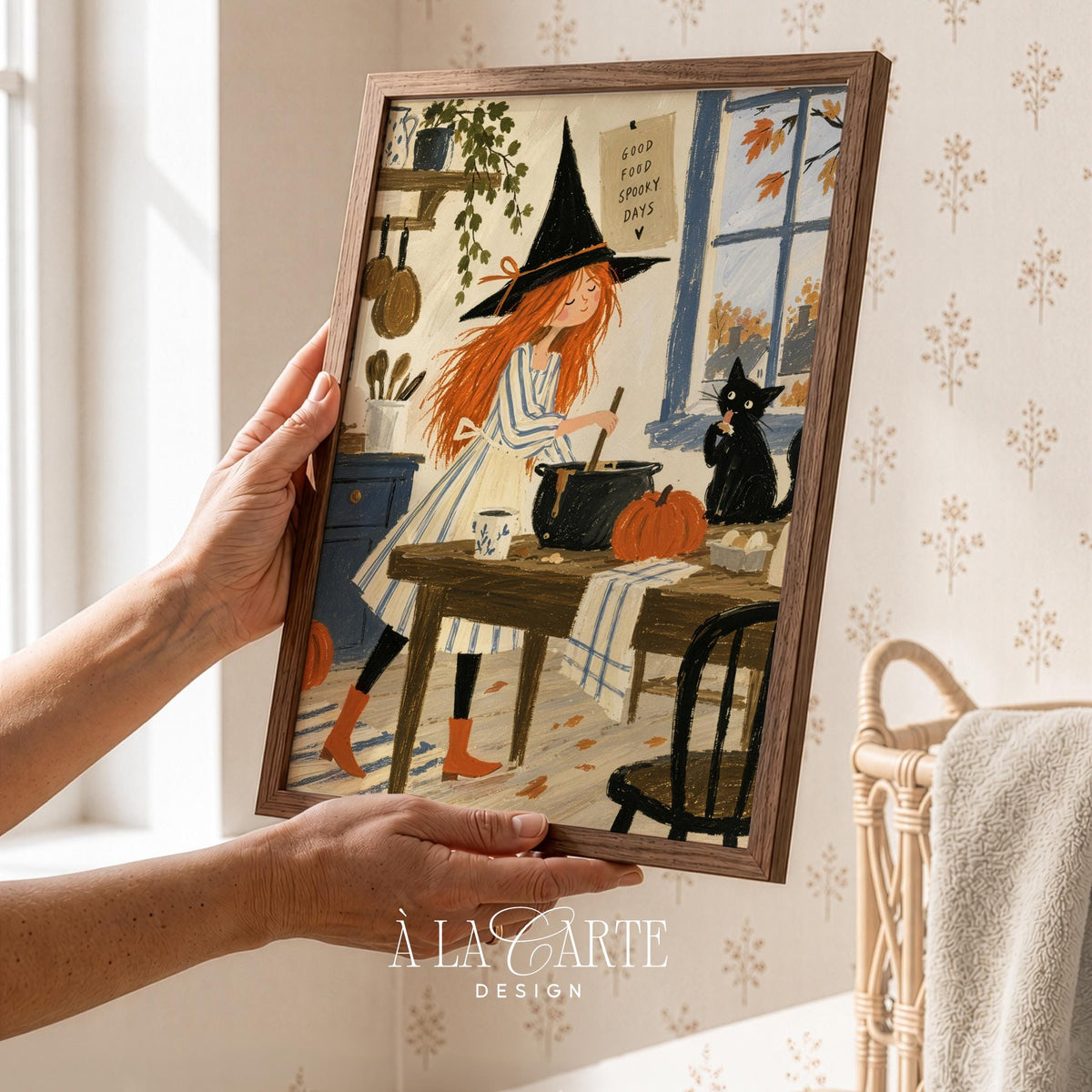 Autumn witch illustration wall print — charming folk-style decor featuring magical brewing scene and scattered pumpkins