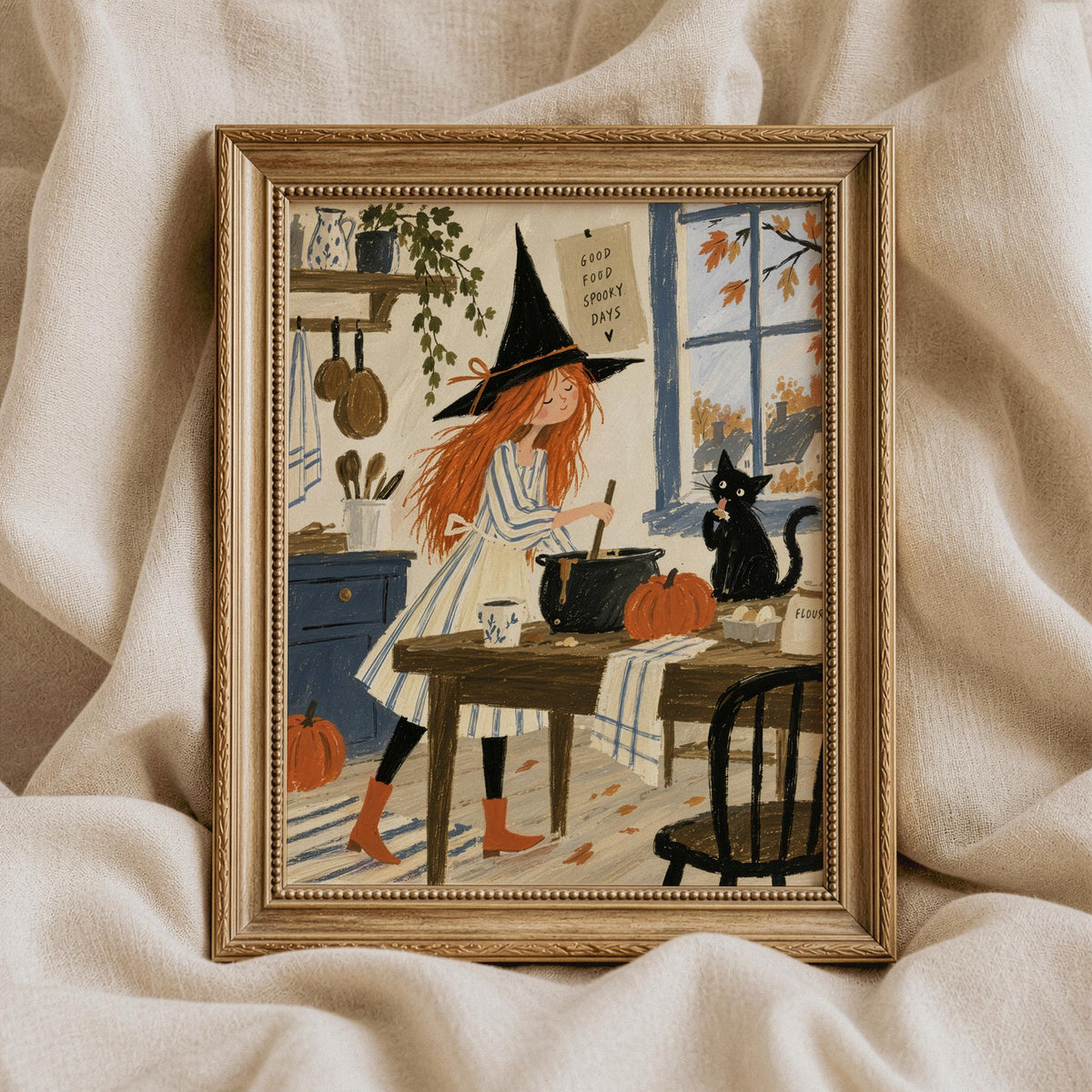Witch and black cat wall art — spooky-cute cottagecore poster with pumpkins and golden lighting