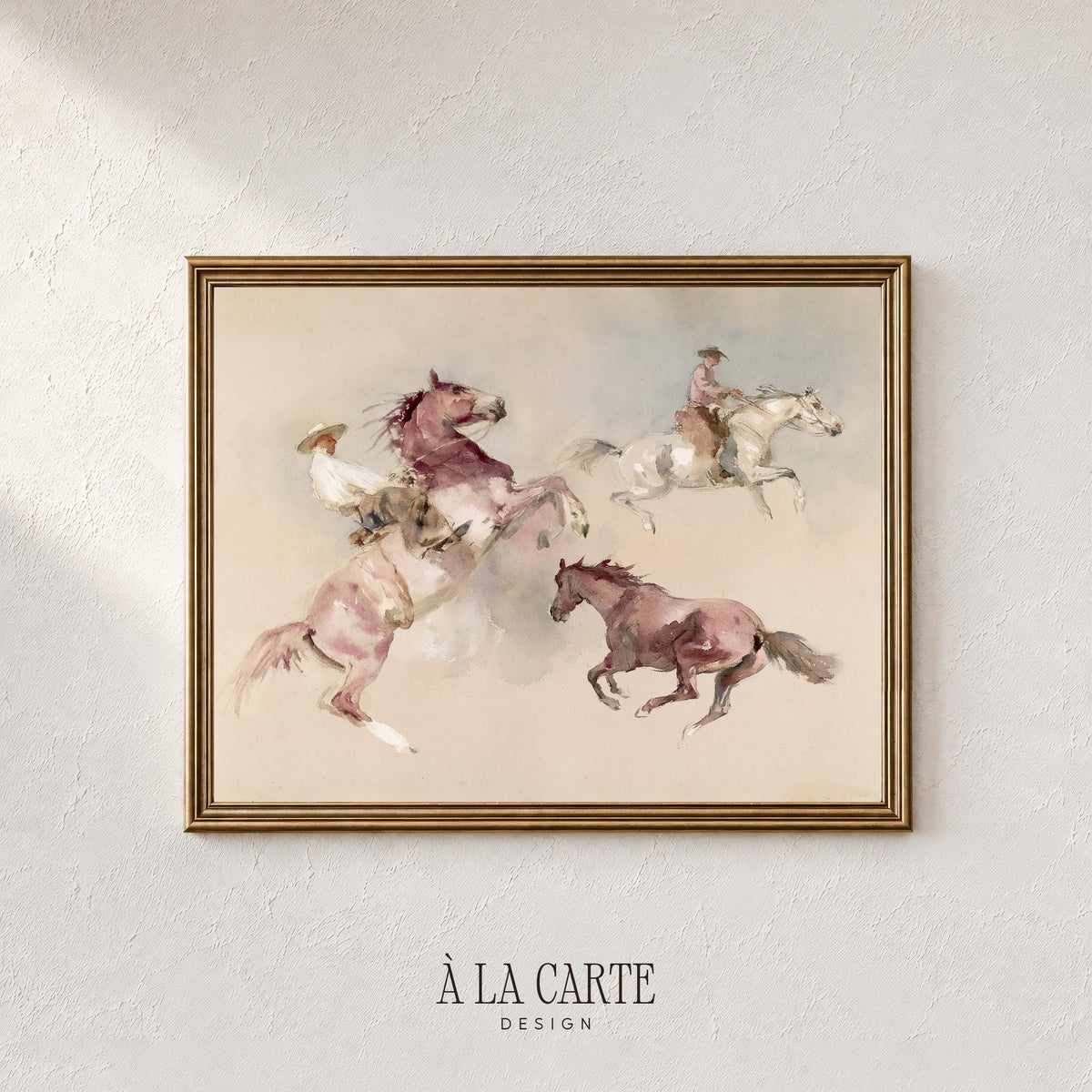 Western horse studies poster for living room — loose brushwork in warm cream and brown palette