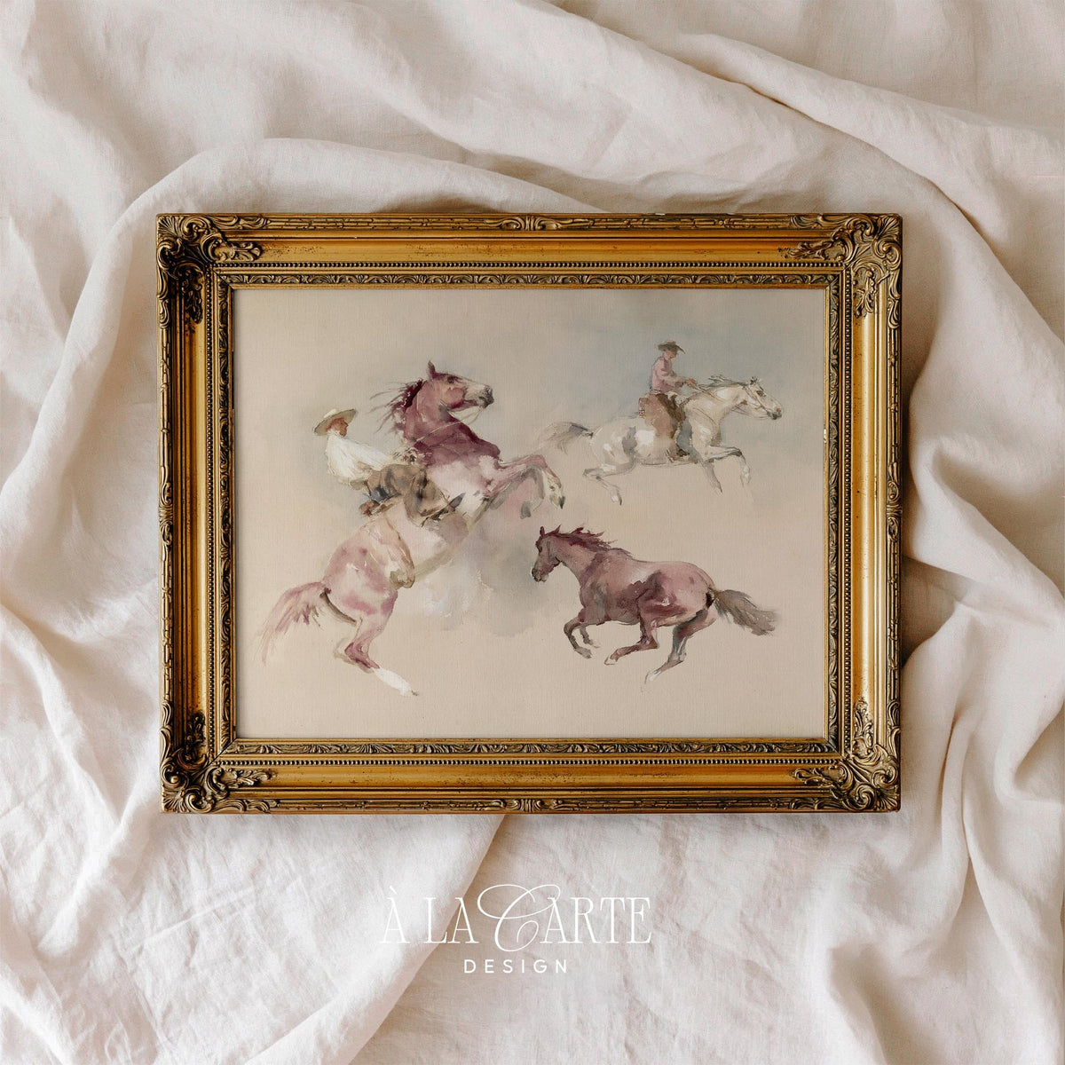 Horse and rider studies instant download art — faded western aesthetic with soft pastel brown tones