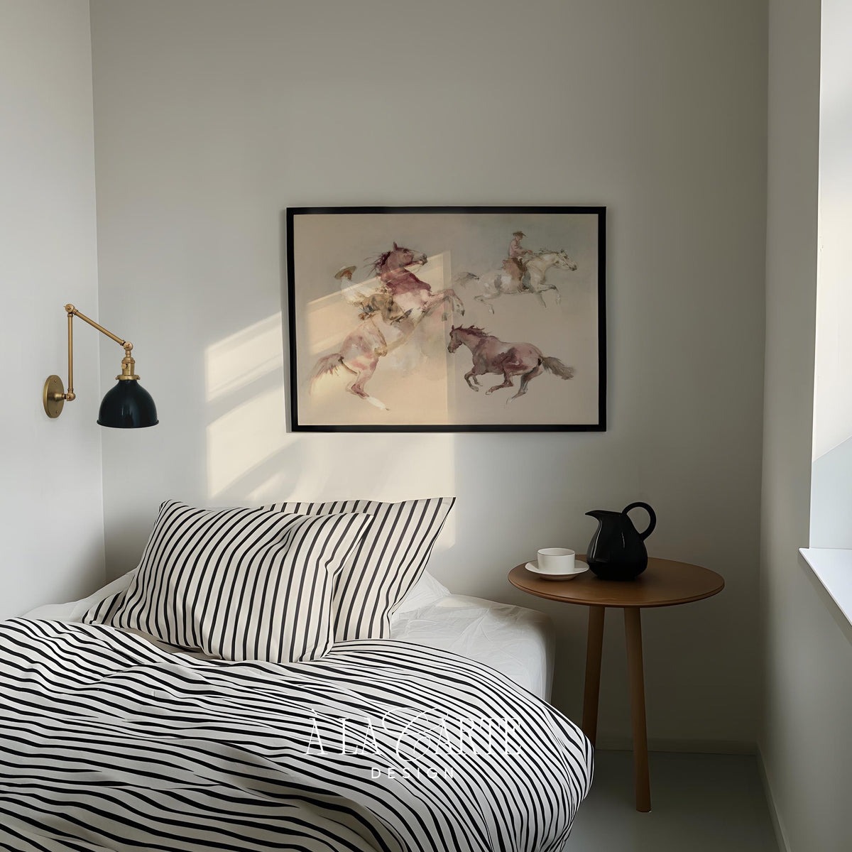 Pastoral equestrian poster for study — dynamic movement captured in loose watercolor brushstrokes