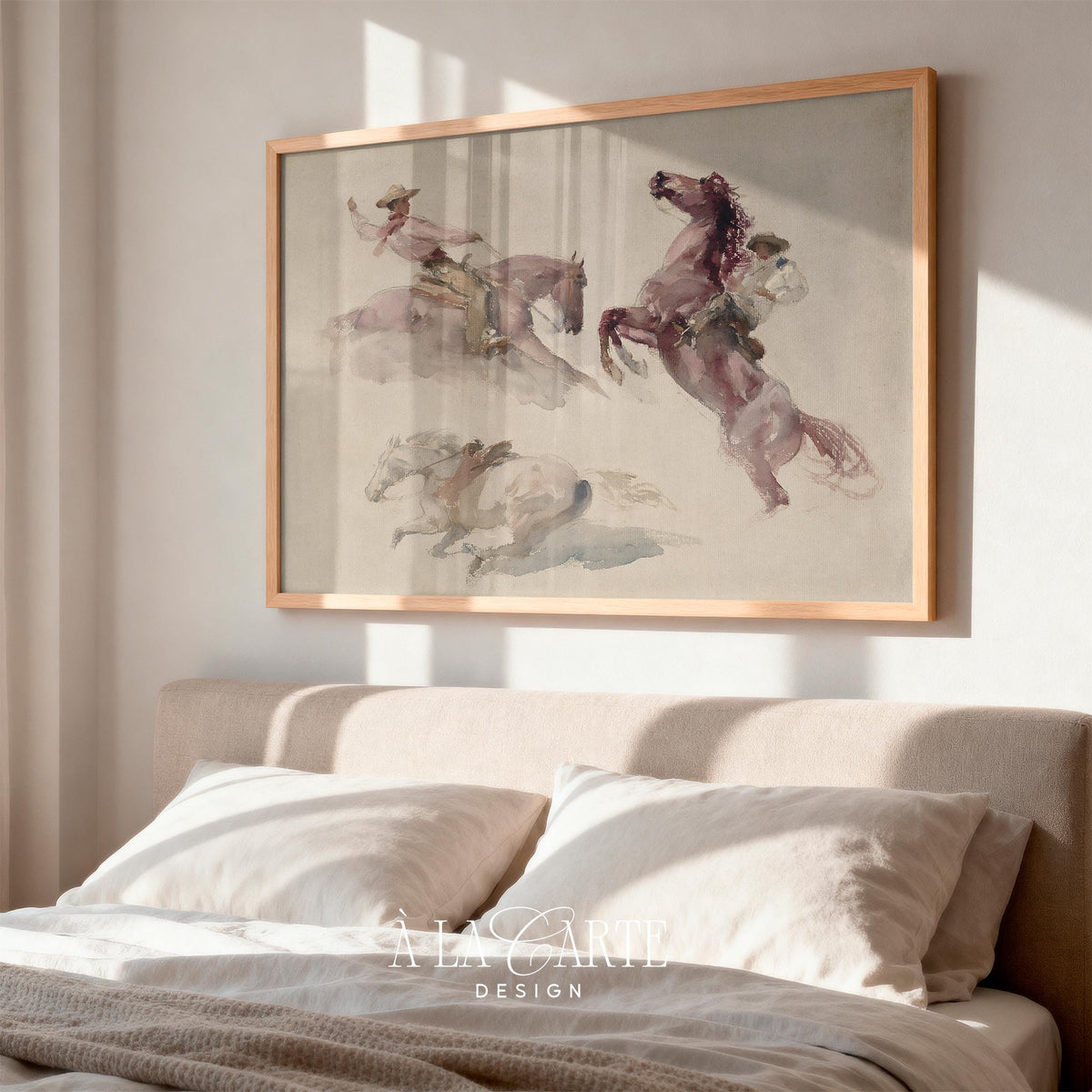 Western equestrian gallery print for bedroom wall — watercolor-style study showing rearing horses in soft peachy-mauve with rustic charm