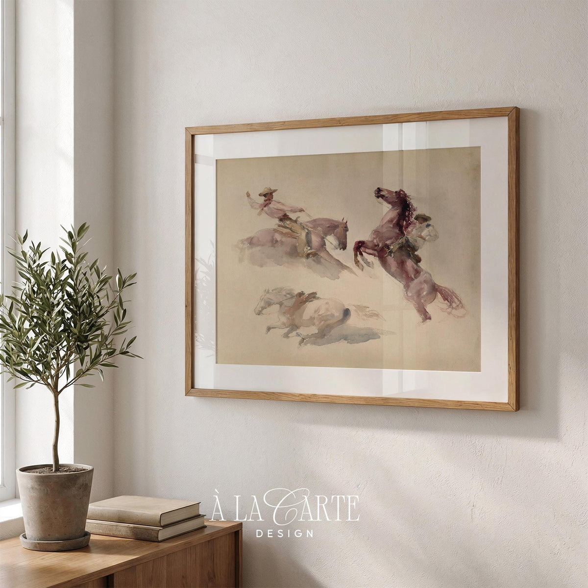 Vintage horse and rider digital print for southwestern living room — aged aesthetic with faint background washes and rustic charm