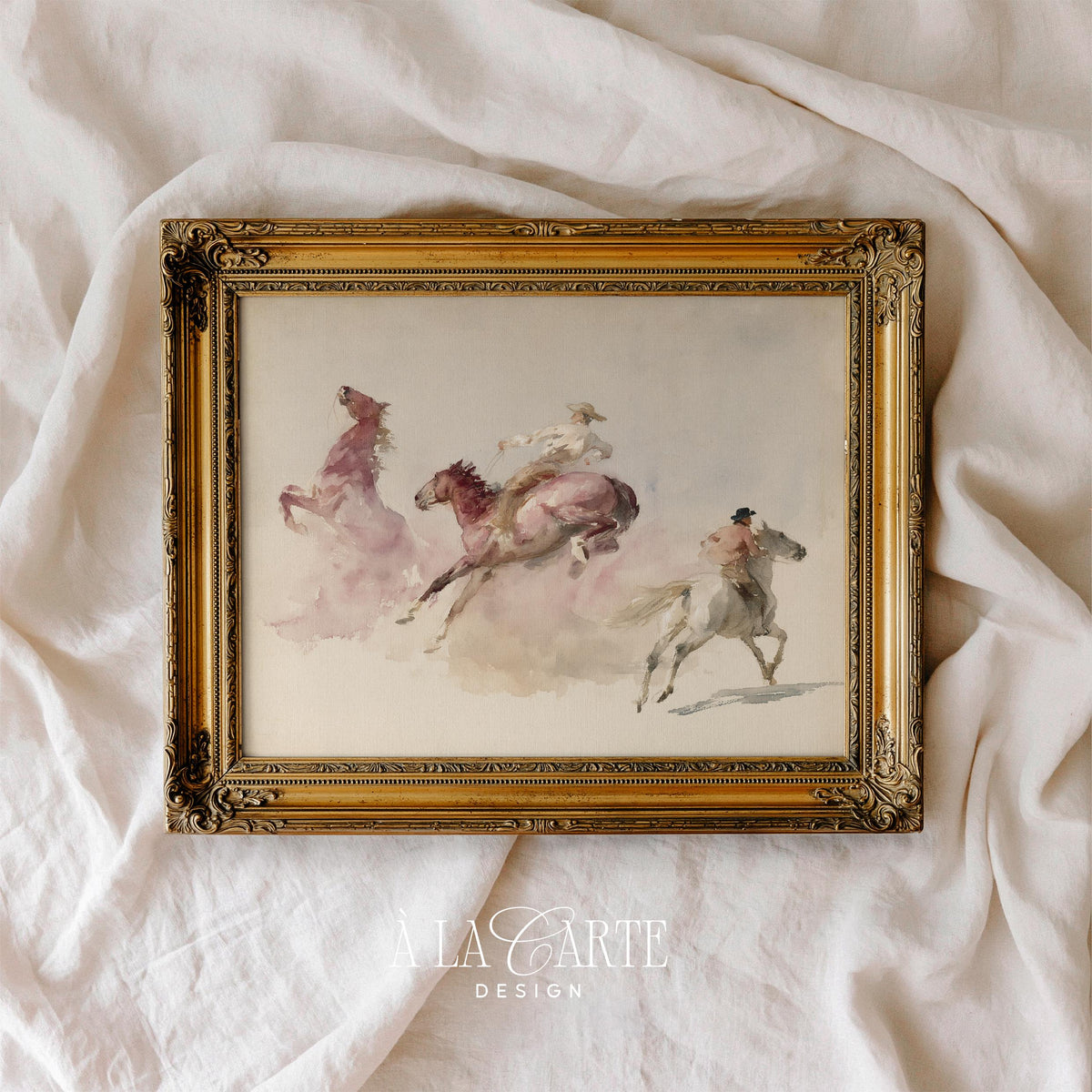 Expressive horse artwork poster featuring mounted riders in dusty motion with antique feel