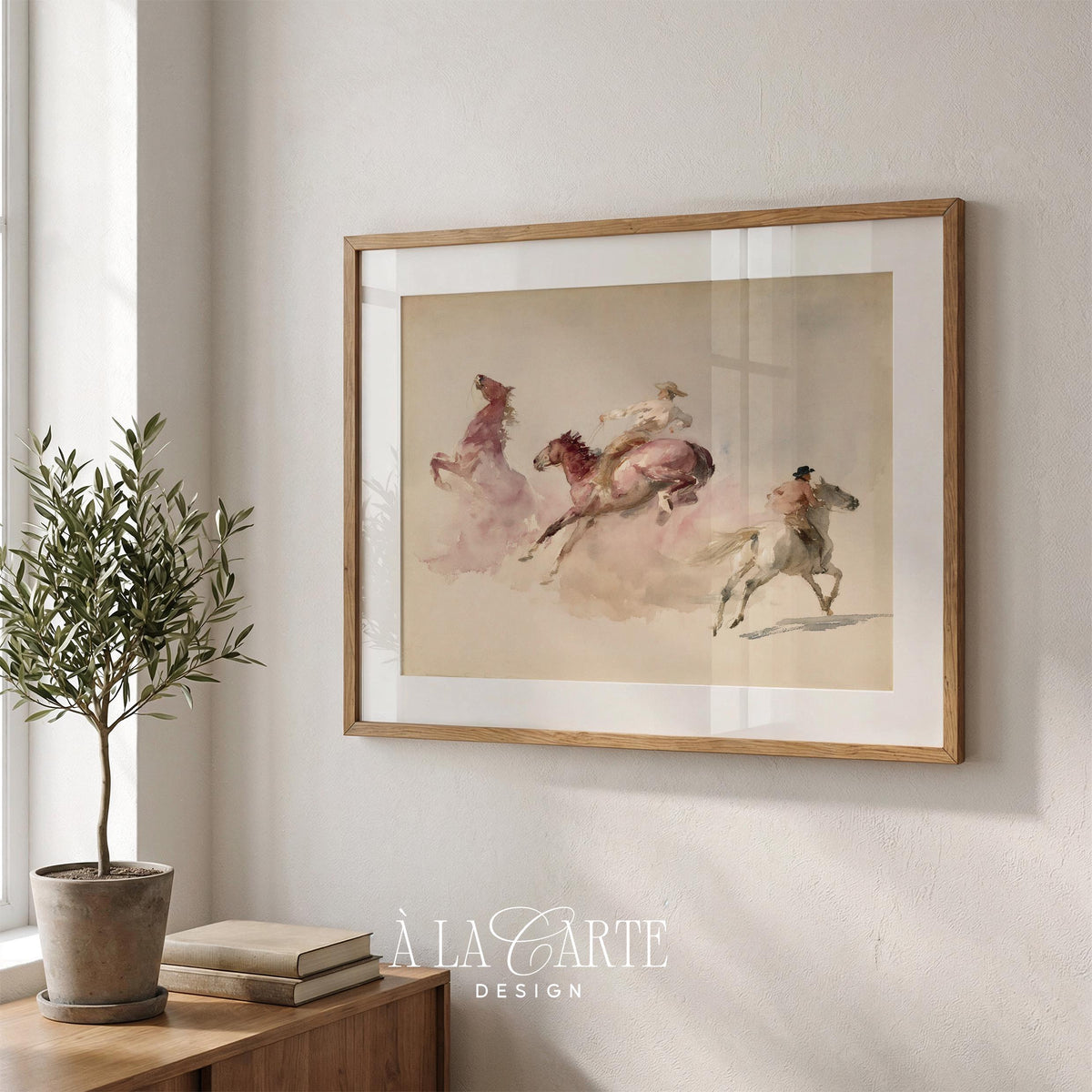 Ranch-style artwork poster depicting dynamic riders with soft impressionistic brushwork and neutral palette