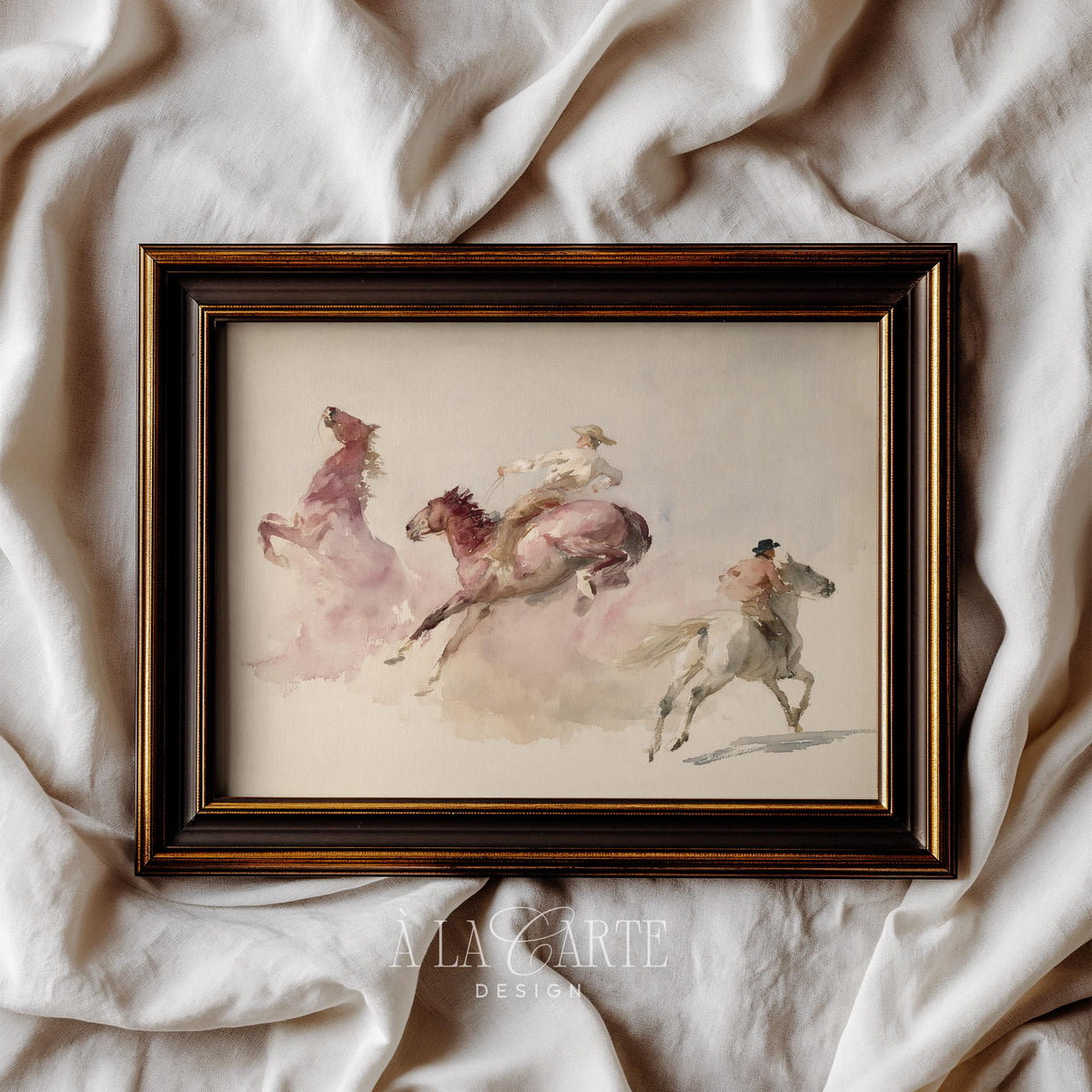 Mounted cowboy digital artwork for gallery wall — rustic watercolor with cream, pink, and faded background