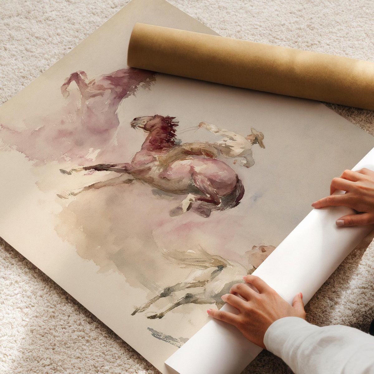 Western horse print for bedroom — cozy farmhouse art with expressive watercolor and dusty rose tones