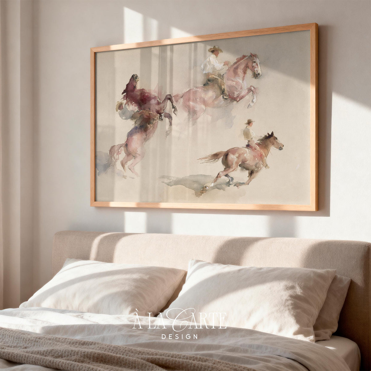 Western horseman picture for above bed — gentle vintage cowboy art with blurred motion and cream tones