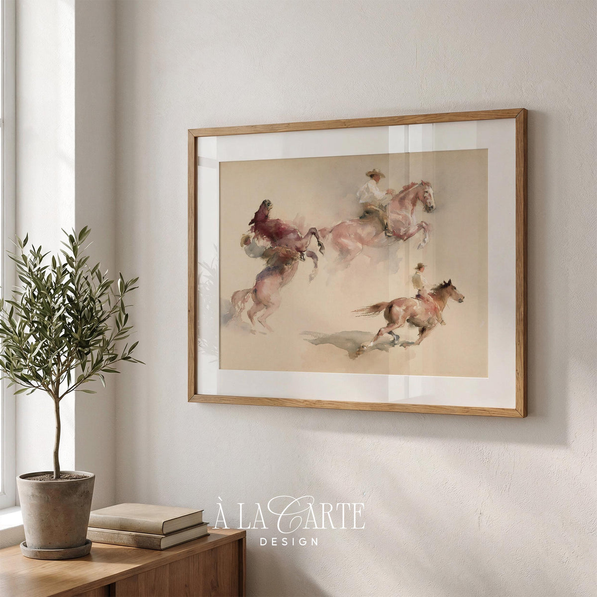 Dynamic western riders wall art for farmhouse — loose brushwork cowboy scene with faded antique aesthetic