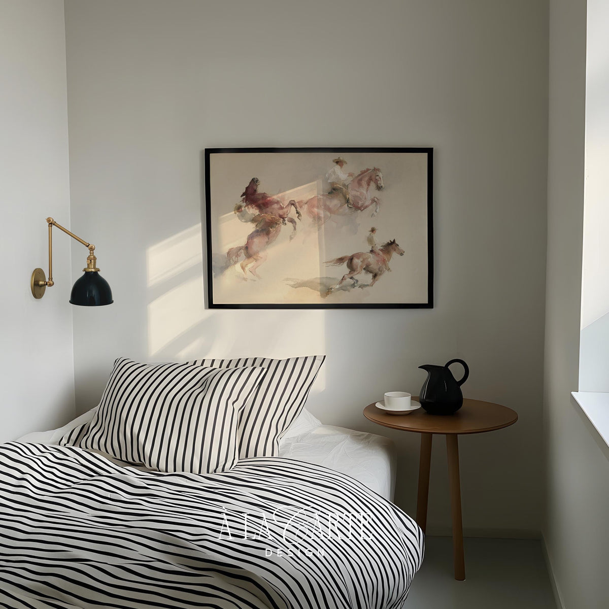 Mounted cowboys poster for entryway — minimalist motion study in soft neutral palette with weathered finish