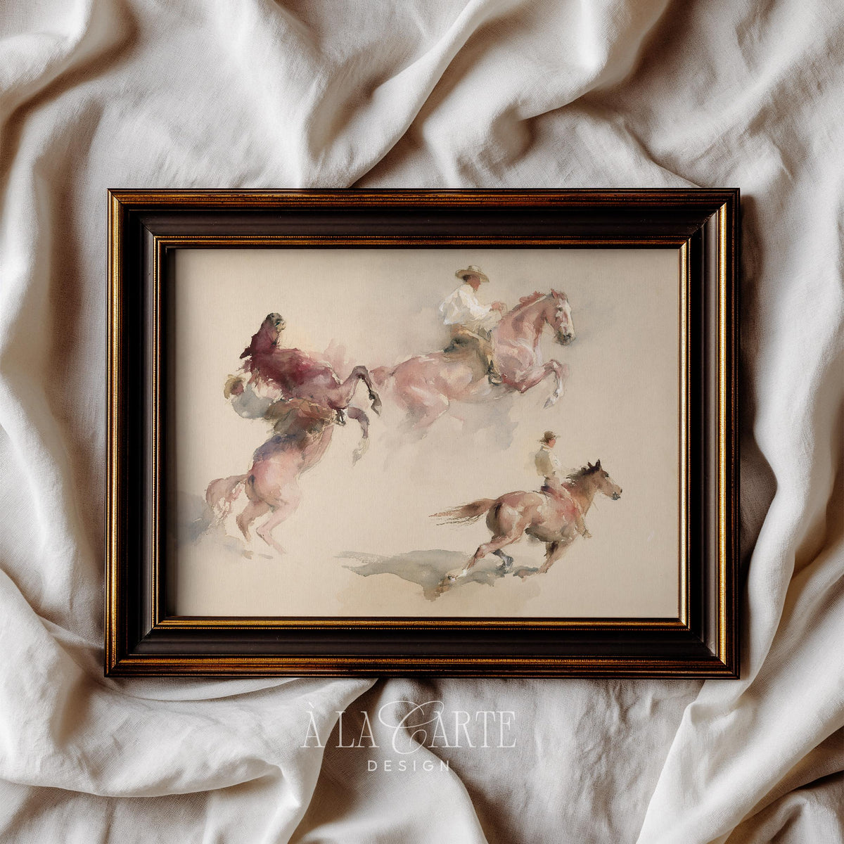 Rustic horseback riders printable wall art — vintage ranch scene in blush, cream, and warm earth tones