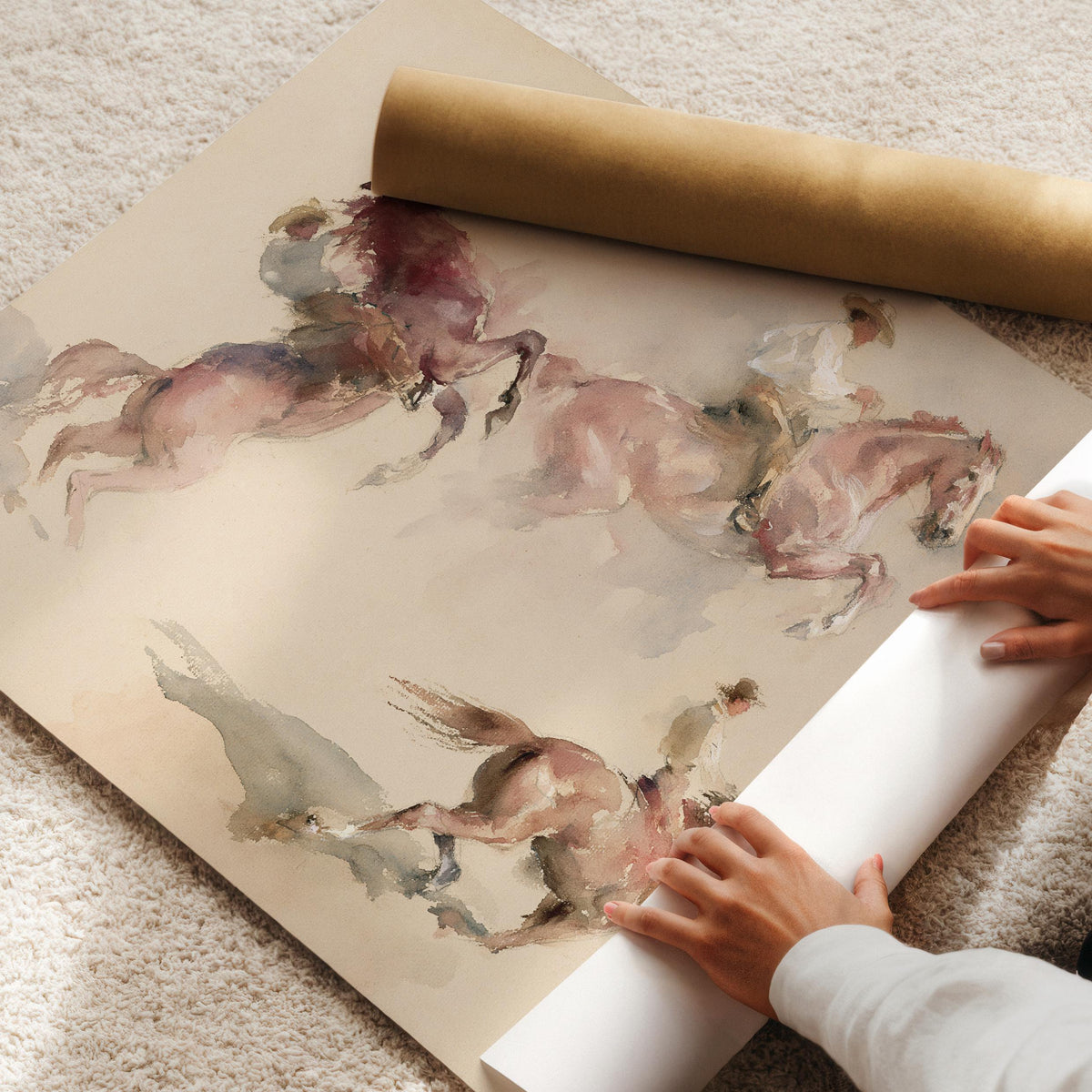 Cowboys on rearing horses printable art for bedroom — soft watercolor western scene with muted dusty tones