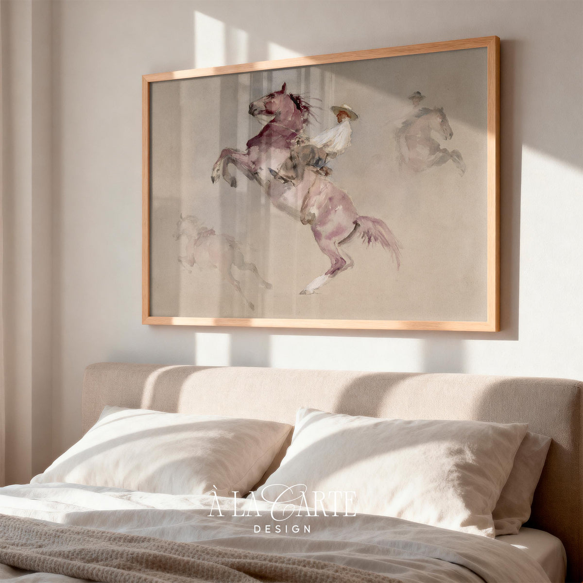 Western equestrian poster for cool bedroom — watercolor style with cream, mauve, and blush soft color palette