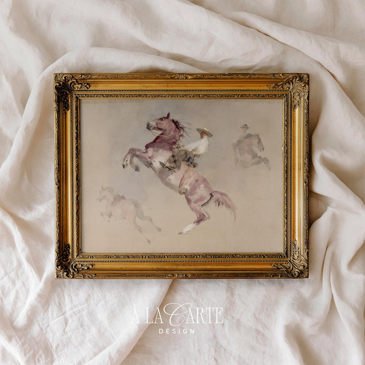 Rodeo rider printable artwork for entryway — soft muted tones with artistic brushwork and faded background horses