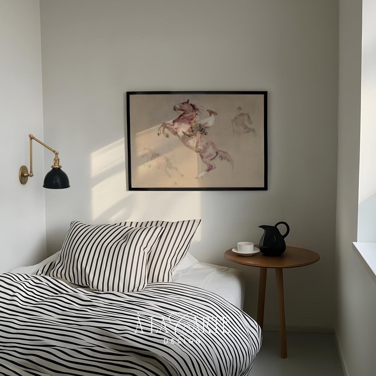 Bucking horse instant download art for above bed — loose watercolor technique with romantic dusty pink aesthetic