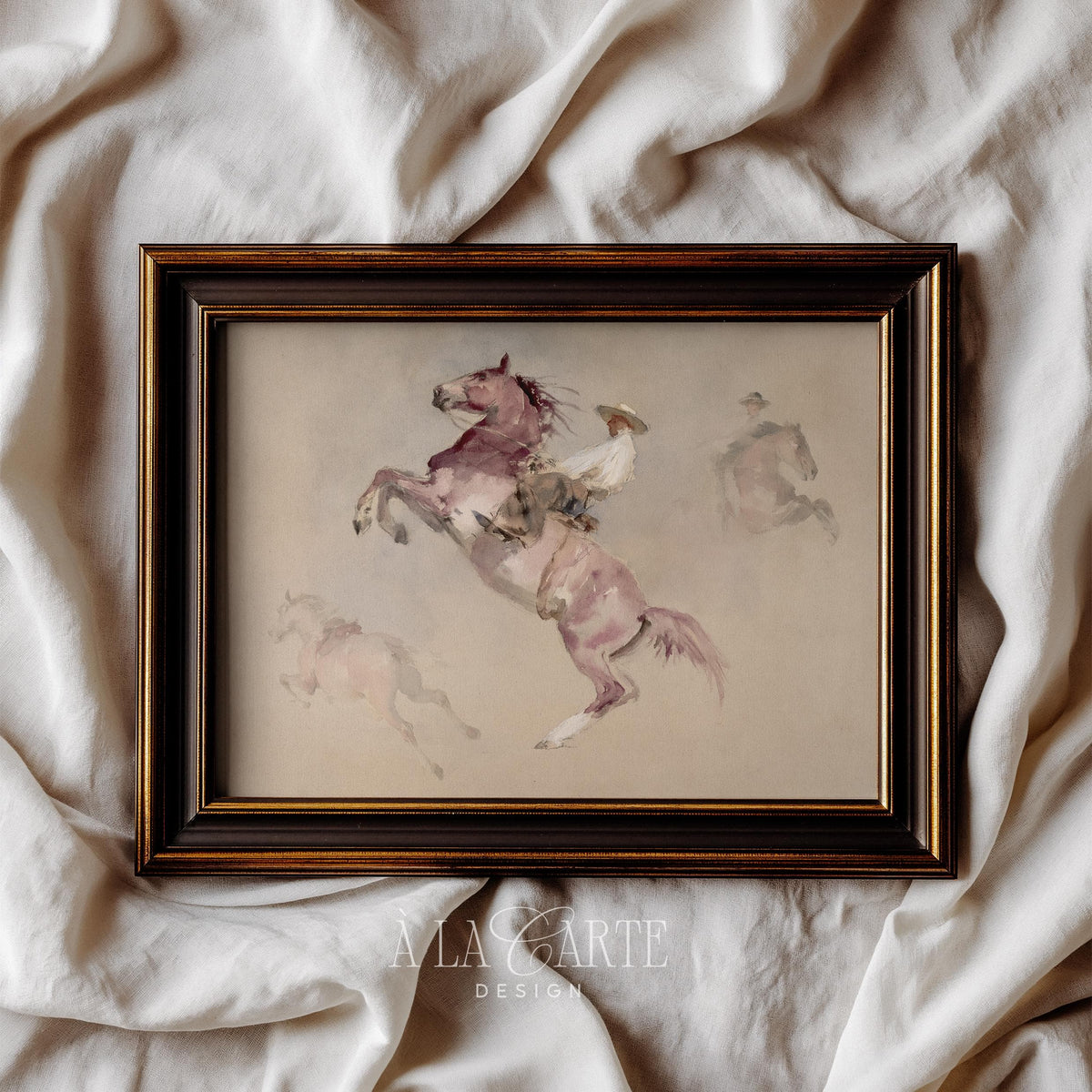 Bucking horse and rider wall art for living room — vintage-inspired artwork featuring ghostly herd silhouettes and dreamy aesthetic