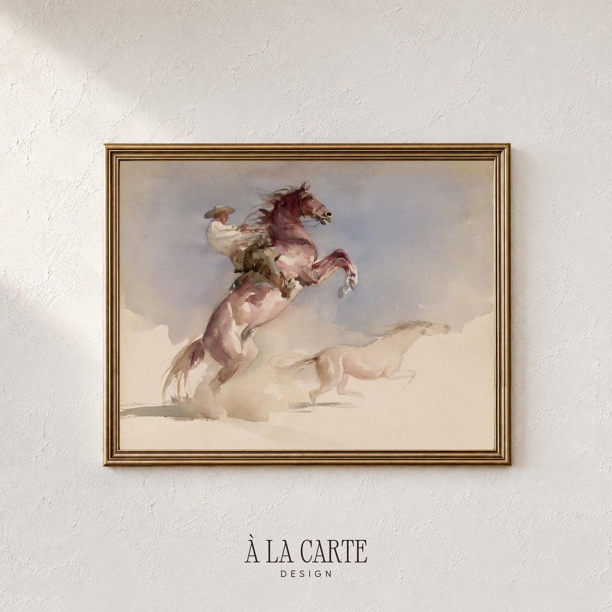 Galloping steed and cowboy instant download picture — loose watercolor painting with moody farmhouse western vibe