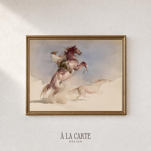 Galloping steed and cowboy instant download picture — loose watercolor painting with moody farmhouse western vibe