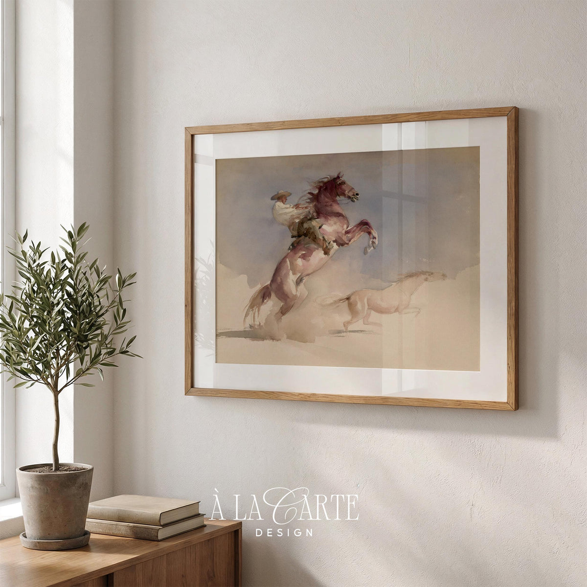 Cowgirl on spirited horse digital art for modern farmhouse — pale blue and dusty rose watercolor with atmospheric dust