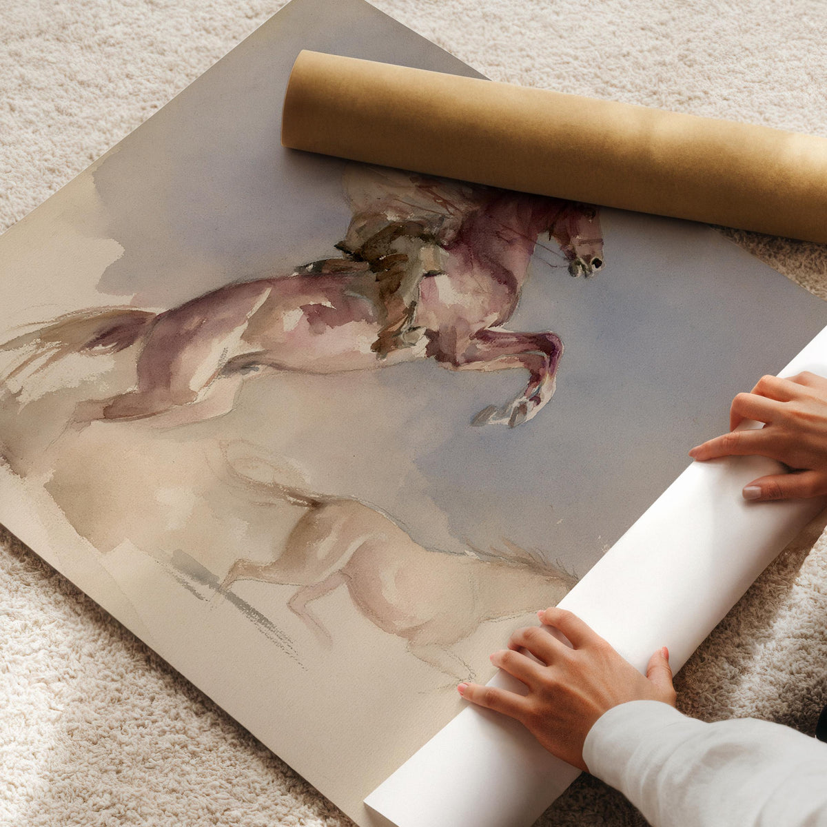 Western ranch animal portrait poster for bedroom — soft-focus watercolor with dynamic rider, companion beast, and motion
