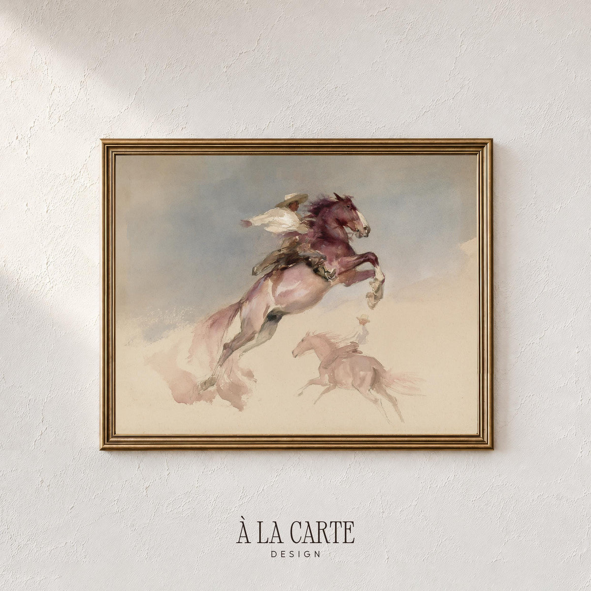Galloping cowboy painting wall art — rustic equestrian scene with dreamy faded palette and atmospheric backdrop