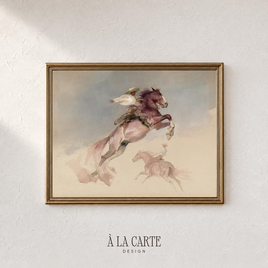Galloping cowboy painting wall art — rustic equestrian scene with dreamy faded palette and atmospheric backdrop