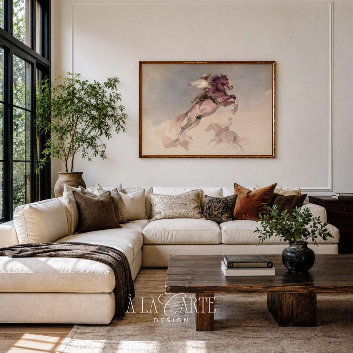 Galloping horse poster with rider — soft brushed watercolor in warm ochre and cool slate tones