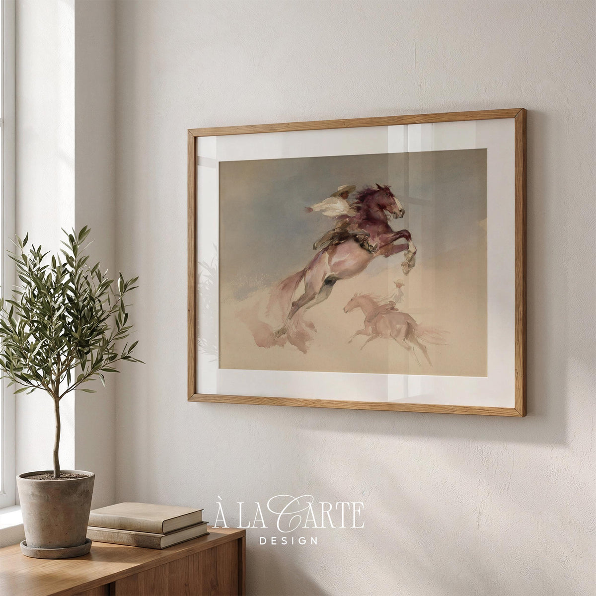Western motion scene printable for gallery wall — watercolor rendering of horses and riders in dreamy sepia-inspired palette
