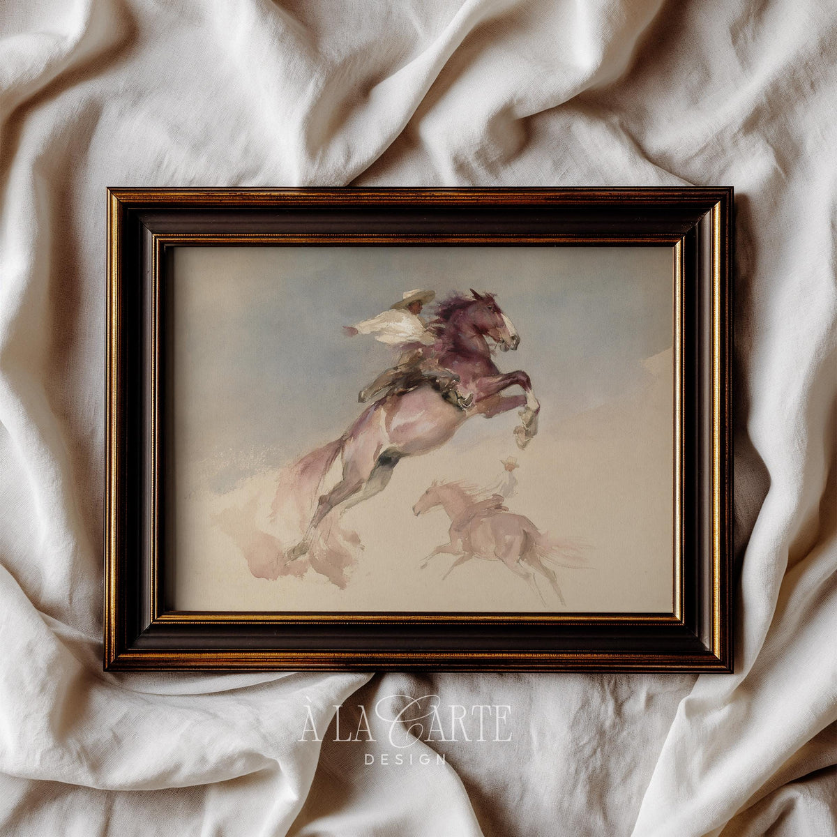 Dynamic horse rider picture for living room — loose watercolor brushwork in muted dusty tones with freedom theme