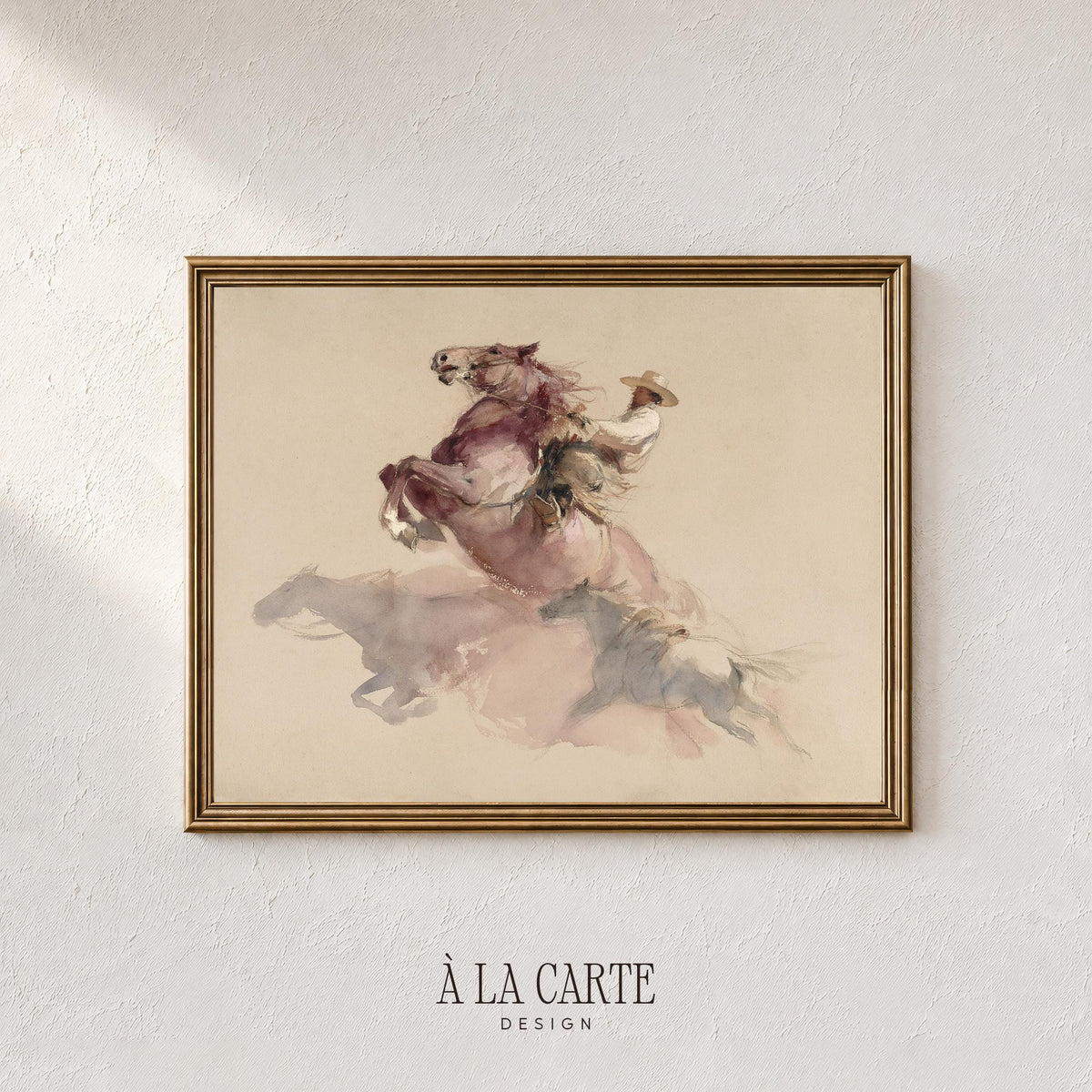 Cowboy landscape poster for bedroom — soft-focus western painting with rearing horse and cozy rustic feel
