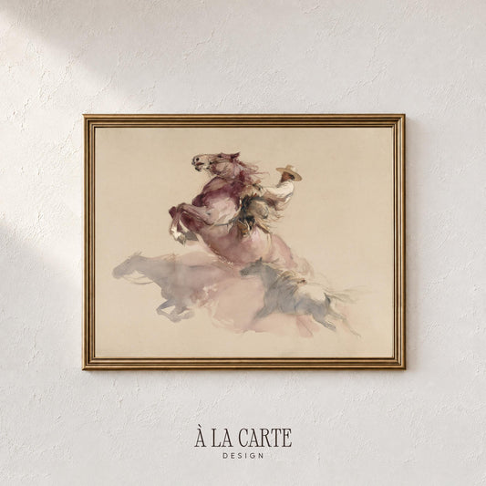 Cowboy landscape poster for bedroom — soft-focus western painting with rearing horse and cozy rustic feel