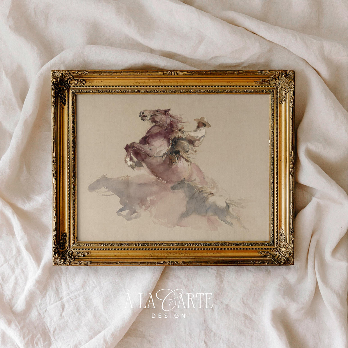 Lasso-throwing horseman wall art for bedroom — vintage ranch aesthetic in warm beige and faded pastels