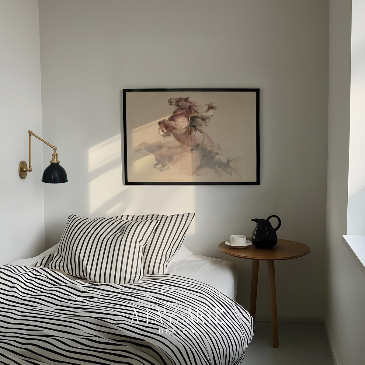 Rancher on horse gallery wall poster — watercolor printable with soft silhouettes and farmhouse neutral palette