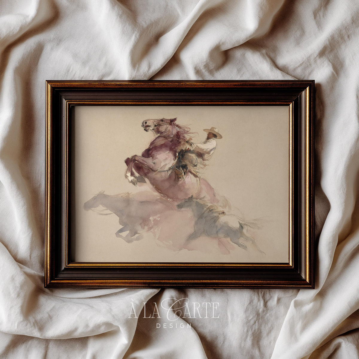 Rope-twirling rider wall art print — watercolor scene with muted earth tones and gentle motion blur details
