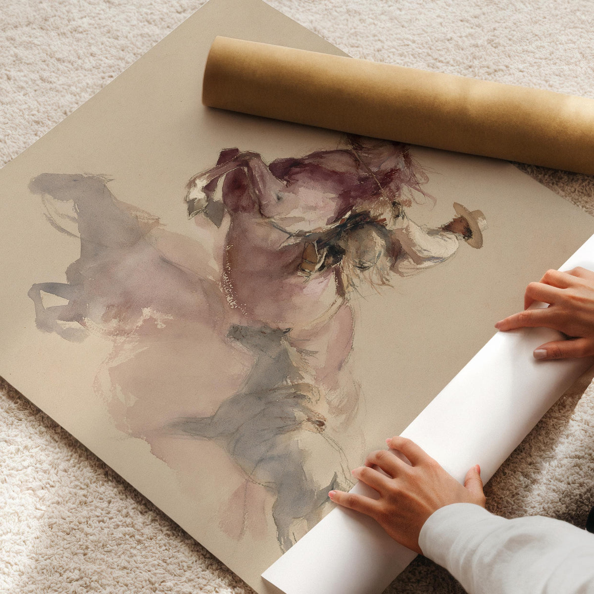 Cowboy poster for living room — soft watercolor painting with dynamic motion and earthy neutral hues