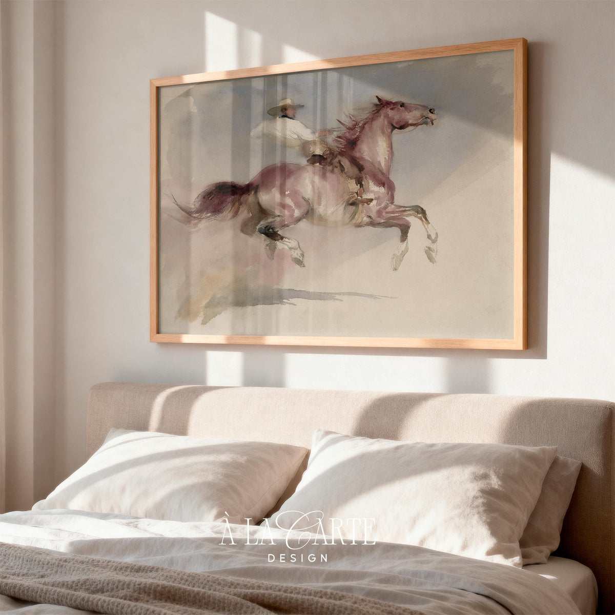Cowboy on bucking horse printable poster for bedroom — vintage ranch artwork with pastel blush, dusty tones, and nostalgic feel