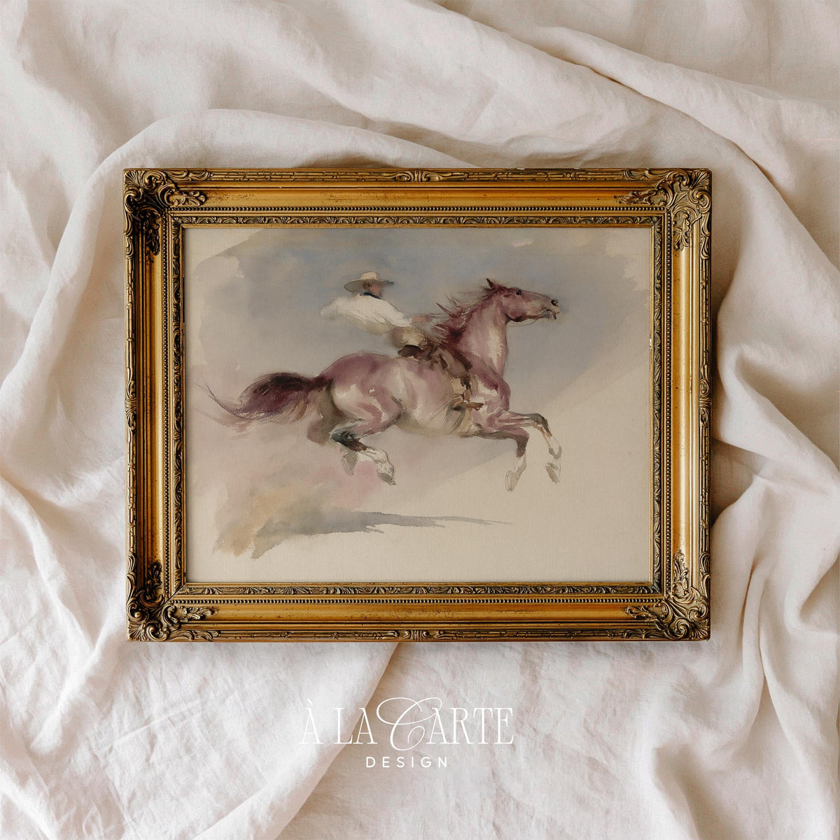 Equestrian action scene wall picture for cabin — rustic mounted cowboy watercolor with hazy muted color wash