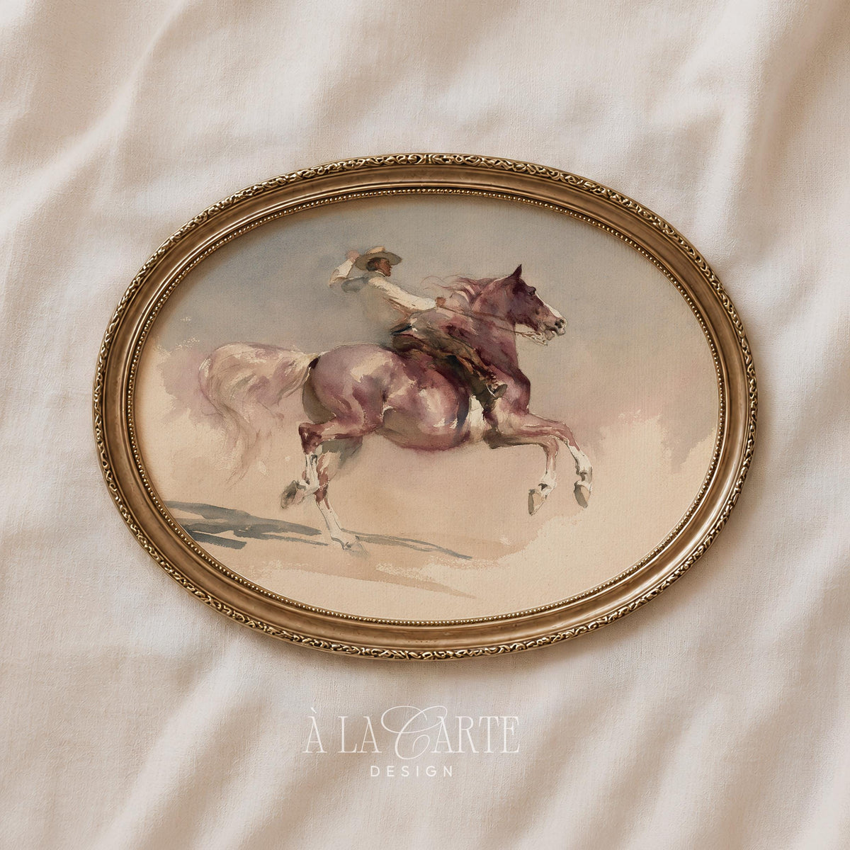 Western rider gallery wall art — antique-inspired watercolor with loose, expressive brushstrokes and blush-toned palette