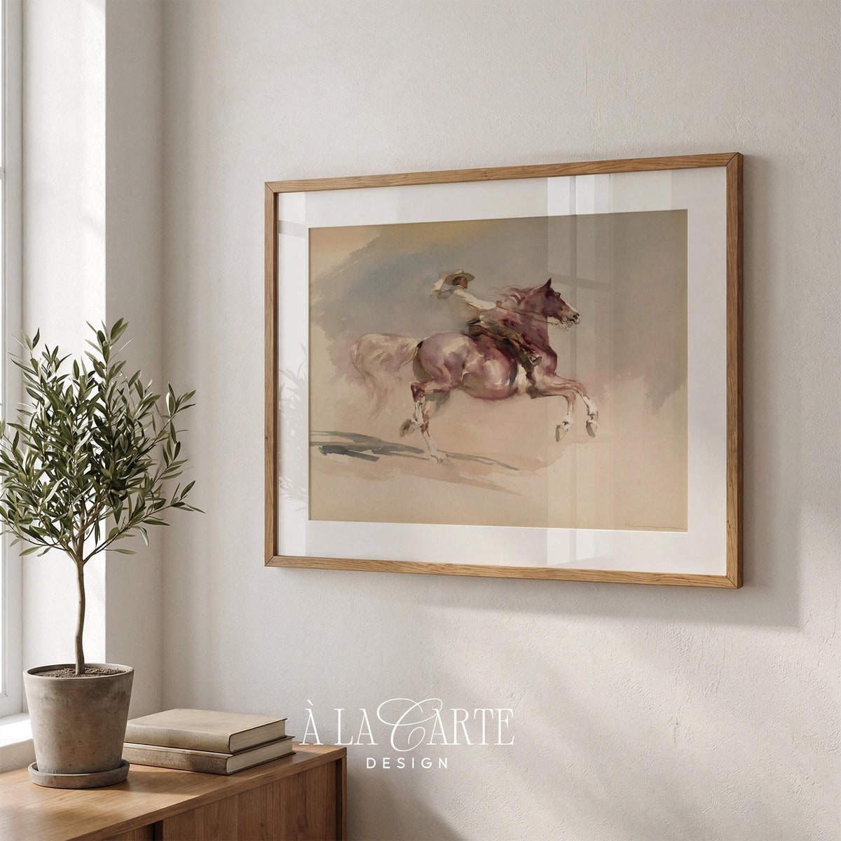 Western horseman poster — faded watercolor illustration capturing dynamic motion with gentle color washes