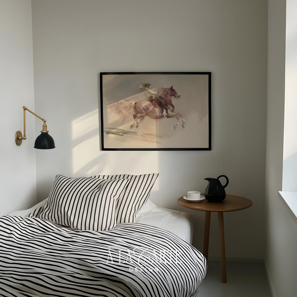 Cowboy on galloping horse printable art — vintage watercolor western painting with soft mauve and taupe tones