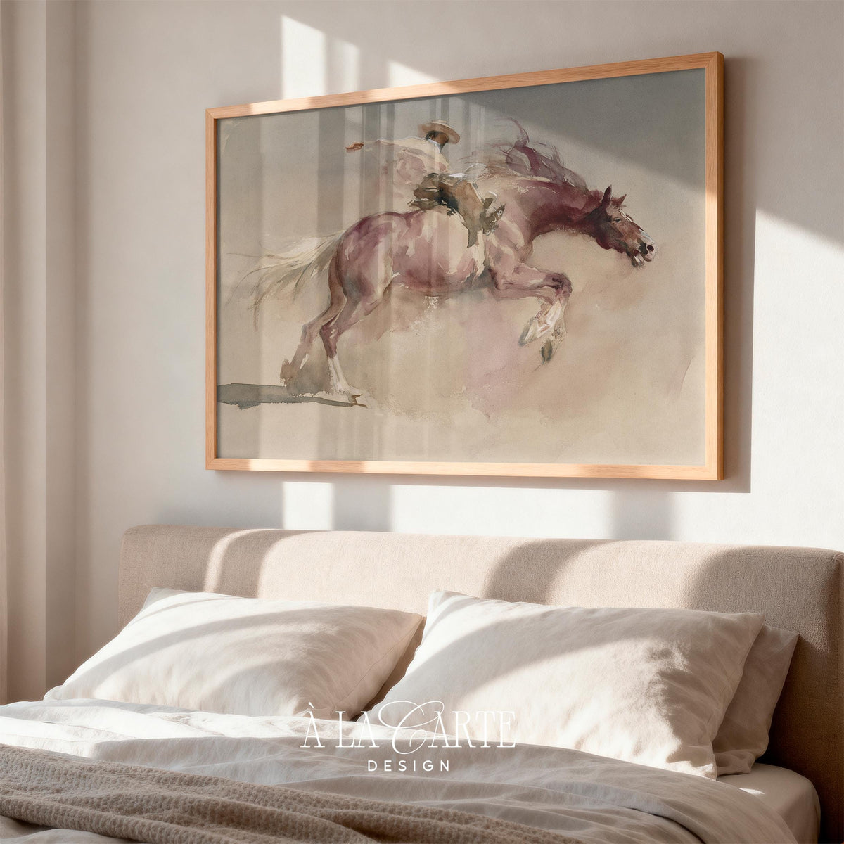 Cowboy riding wild horse picture printable — boho western decor with soft pastels and hazy background